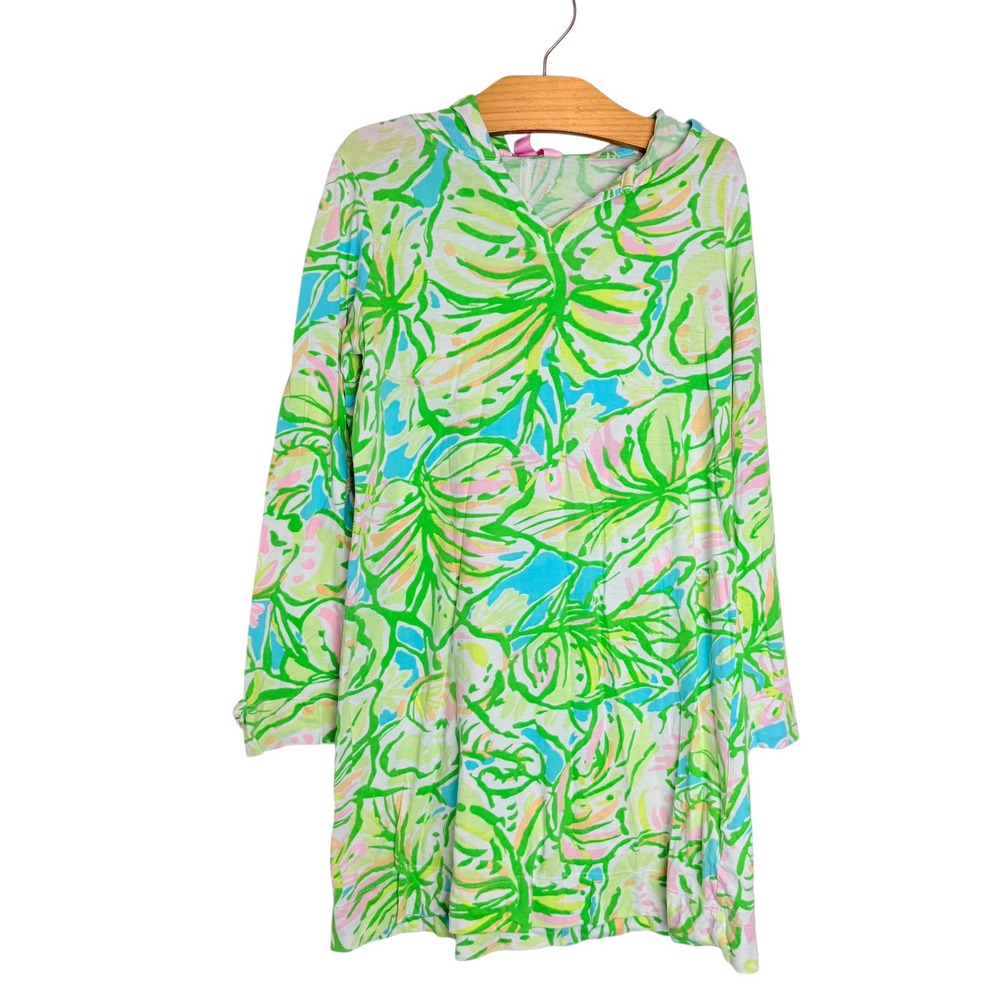 Lilly Pulitzer Girls Green Pink Floral Hooded Cover Up Dress Size L 8-10 Cotton